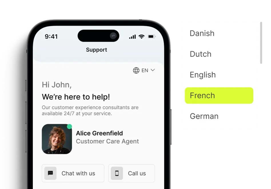 Support screen on a smartphone displaying a 24/7 customer care agent with chat and call options, alongside a dropdown menu for language selection highlighting 'French'.