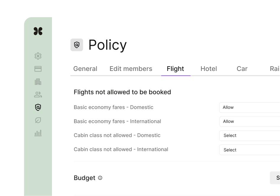 Travel policy settings interface highlighting flight booking restrictions, ensuring agents follow company policies and preferences.