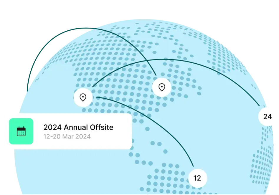 Illustration of a globe with travel routes and location markers, highlighting a scheduled 2024 Annual Offsite event from March 12-20.