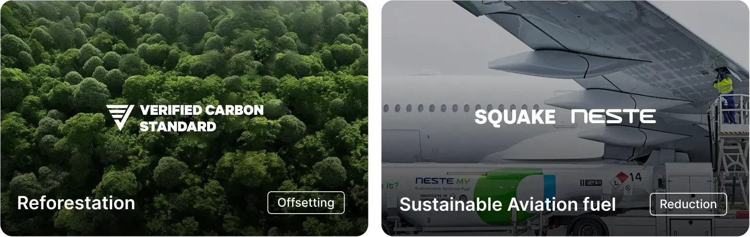 Two sustainability initiative cards. The left card represents reforestation with the “Verified Carbon Standard” logo and an “Offsetting” label over an aerial view of a dense green forest. The right card highlights sustainable aviation fuel with the “SQUAKE” and “NESTE” logos, a “Reduction” label, and an image of an aircraft being refueled.