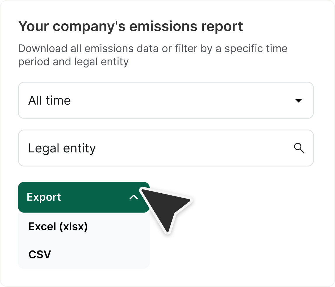 A user interface for exporting a company’s emissions report, with filters for time period and legal entity. The “Export” dropdown is expanded, showing file format options.