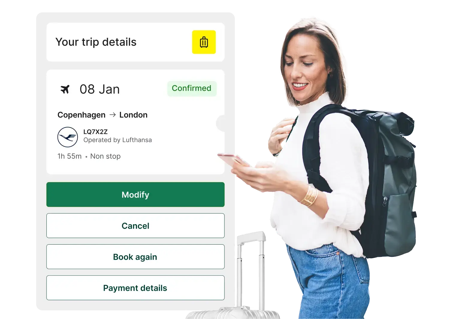 Business traveler using an automated travel management system to view and modify trip details seamlessly.