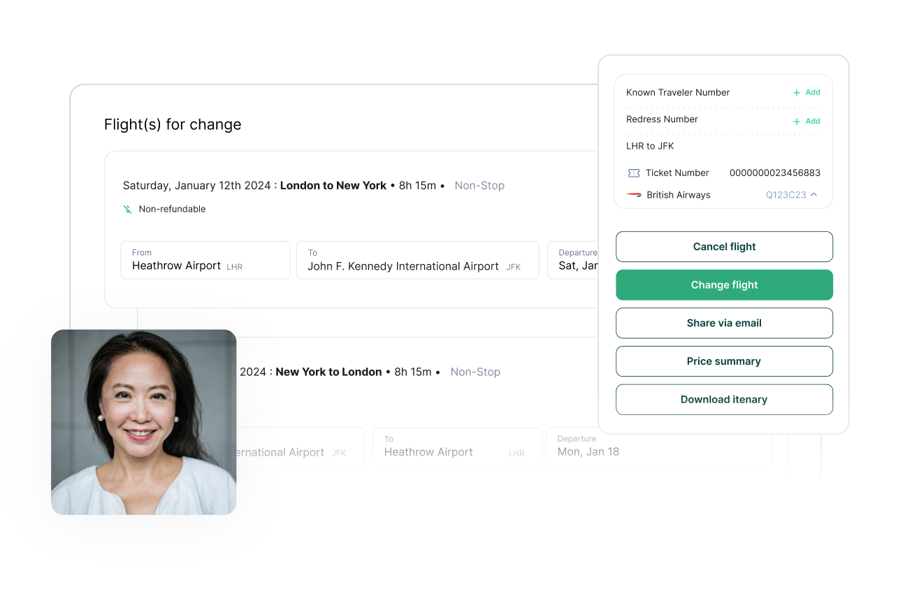 flight booking portal, with option to change or cancel flight, woman with black hair and pearl earrings