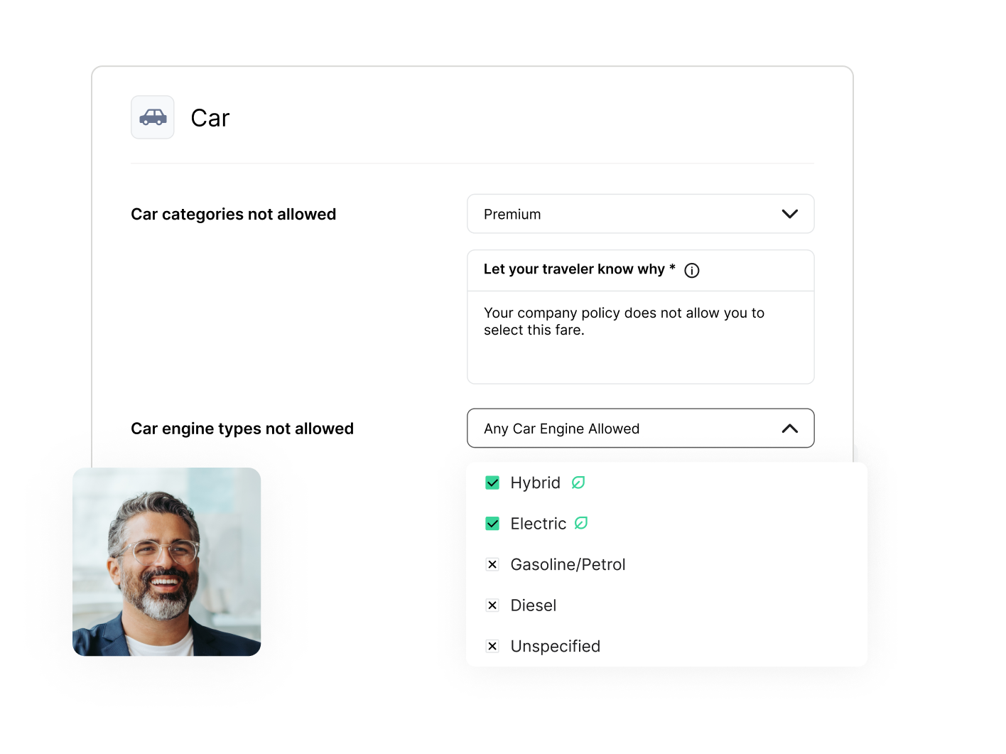 car booking portal featuring hybrid, electric car options, man in glasses with grey beard