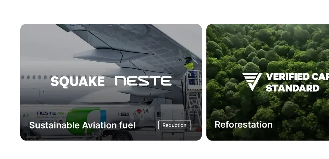 Climate solutions platform featuring sustainable aviation fuel and reforestation projects for offsetting travel emissions.