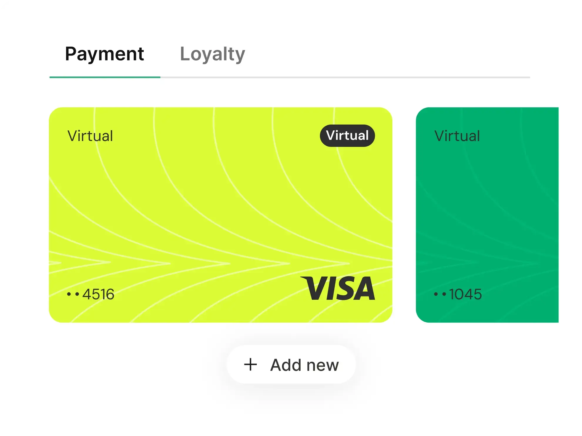 A digital wallet interface showing virtual payment cards, including a Visa card. A button labeled ‘Add new’ is available for adding a payment method.