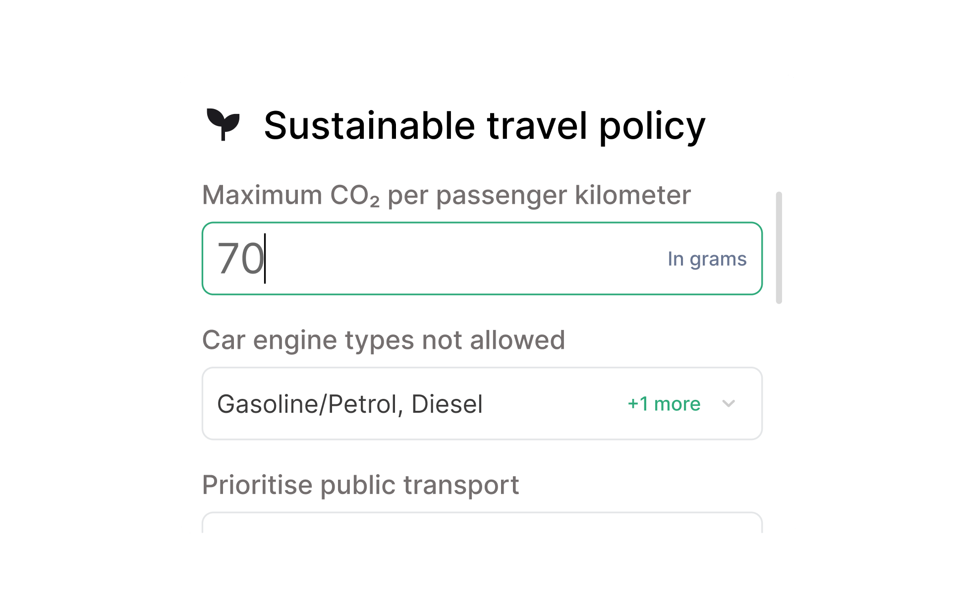 Travel policy settings interface showing a CO₂ emissions limit per passenger kilometer, restricted car engine types, and a priority for public transport.