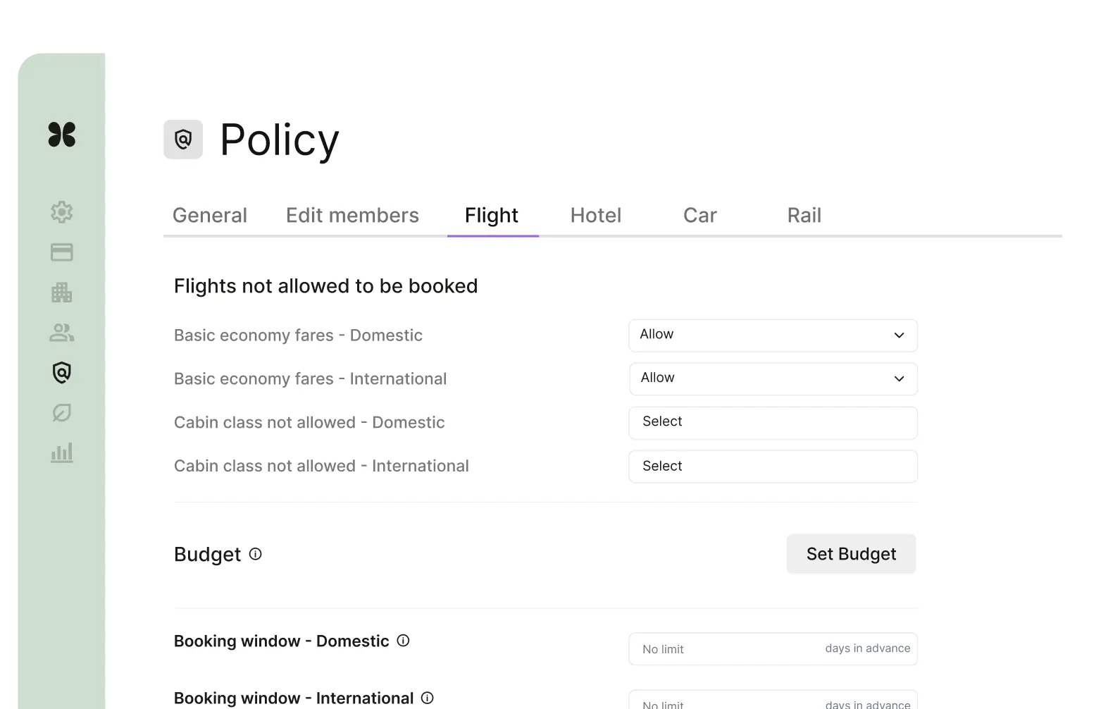 Corporate travel policy settings interface displaying flight booking restrictions, budget controls, and travel management options.