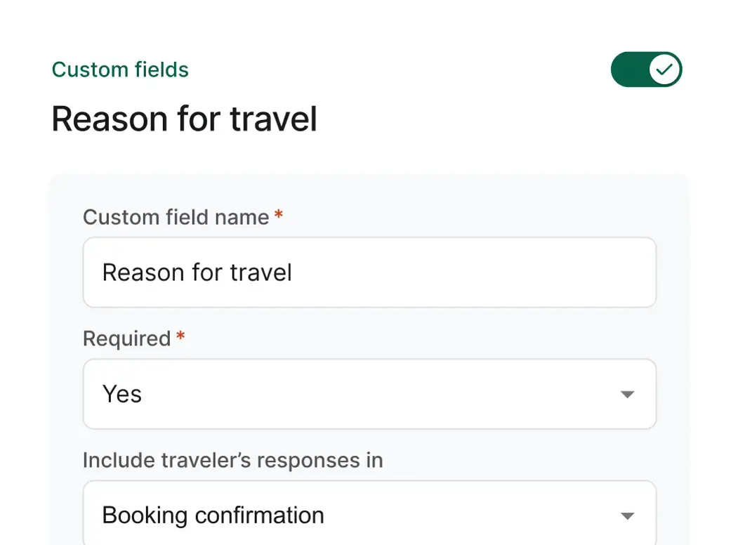 Custom fields interface for travel reason tracking with automated approval workflows and policy compliance tools.