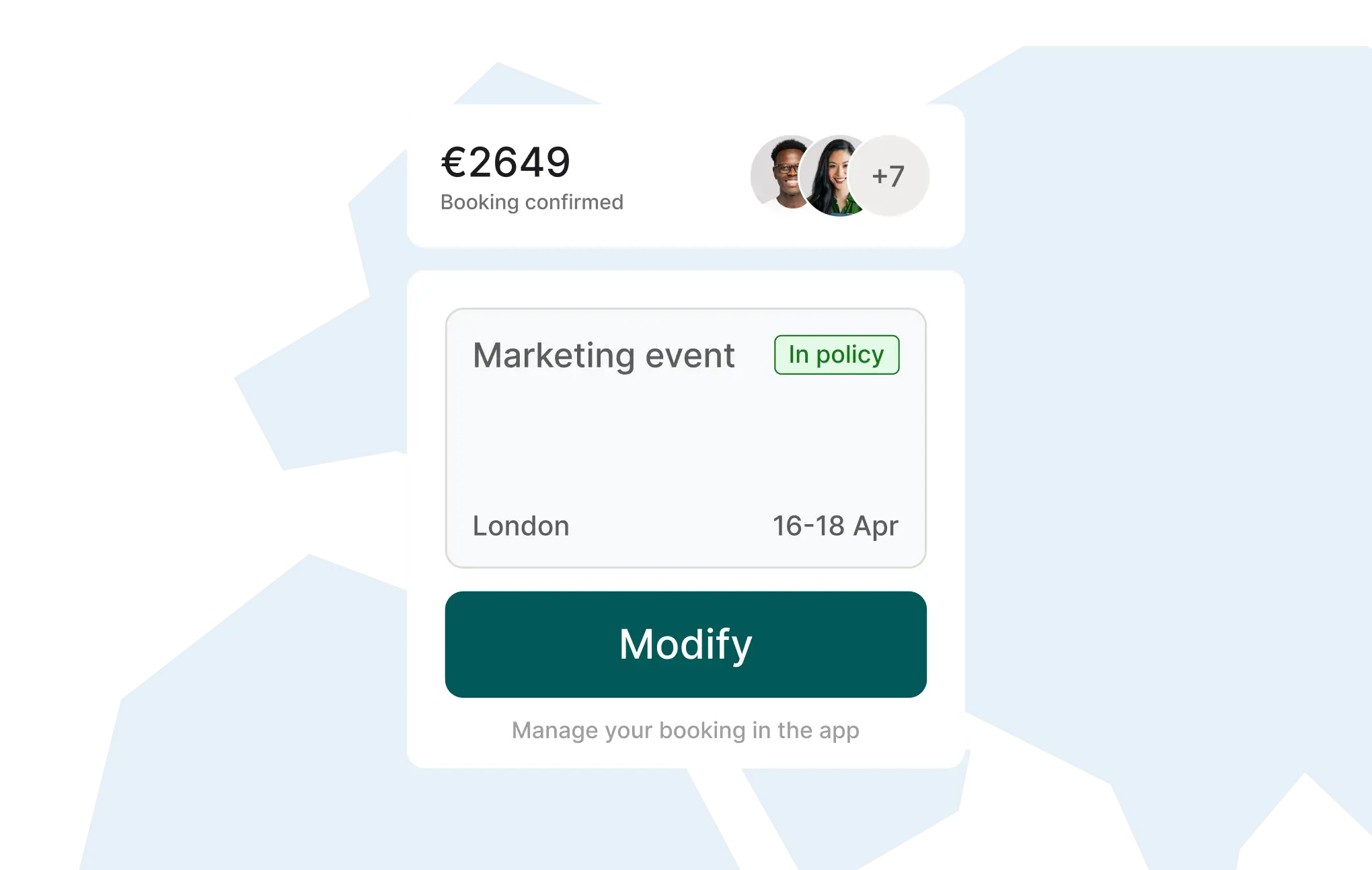 Group travel management interface with confirmed multi-traveler booking and workflow tools for event planning.