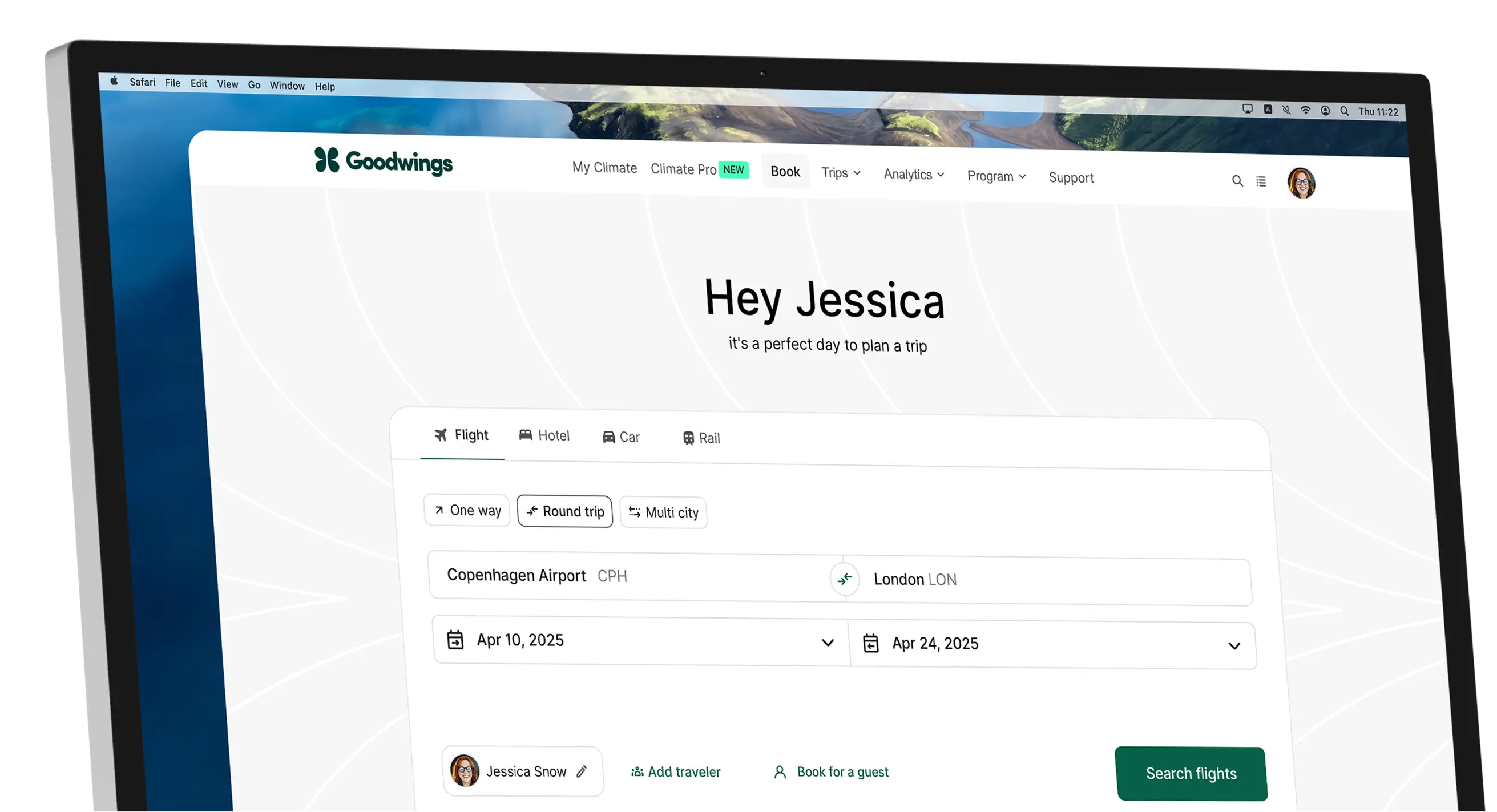Travel booking interface with Copenhagen-London flight search, personalized greeting and 4.9 rating.